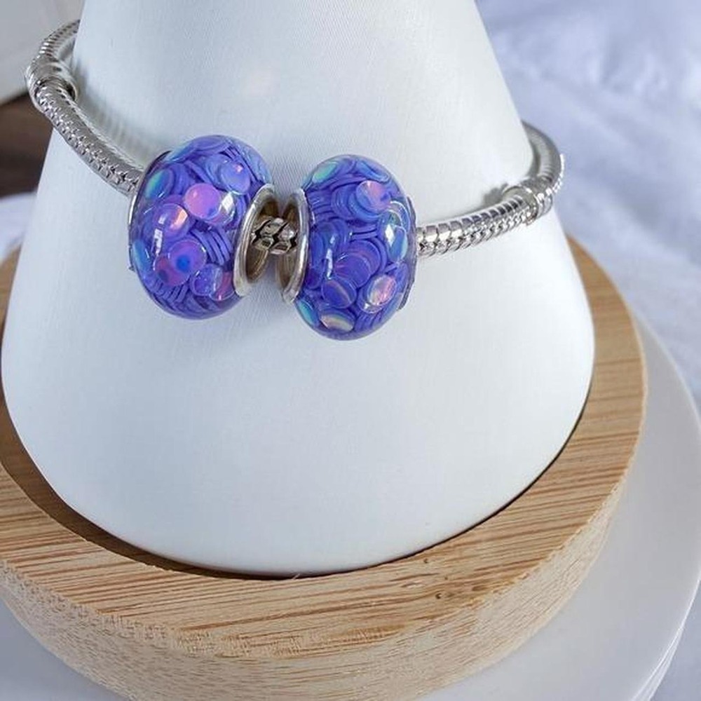 Purple Iridescent Confetti Silver Bead Charm Fits Snake Chain Bracelet - Picture 4 of 6